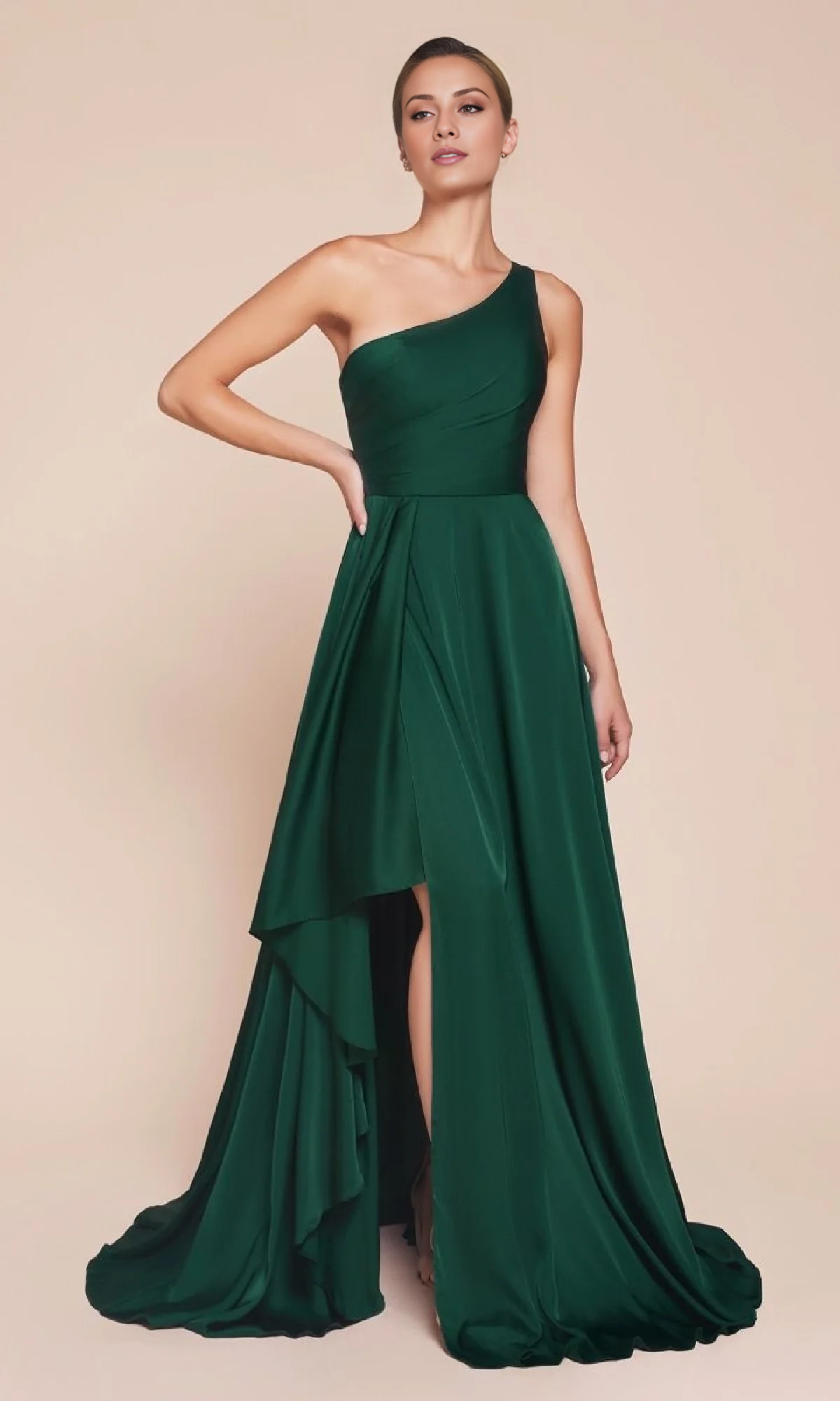 A-line satin single shoulder long side slit and floor length evening dress