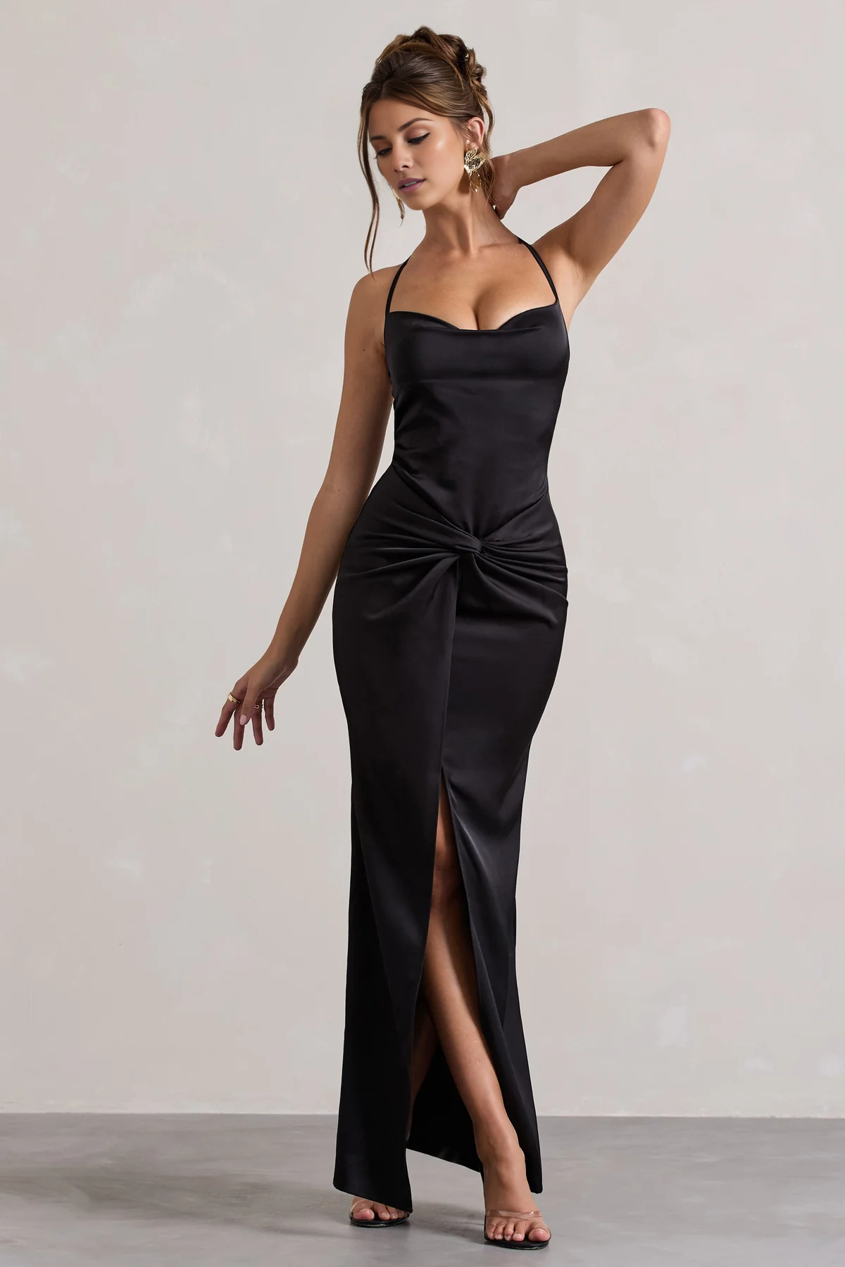 Satin high neck twisted pleat slit and floor length evening dress - dress