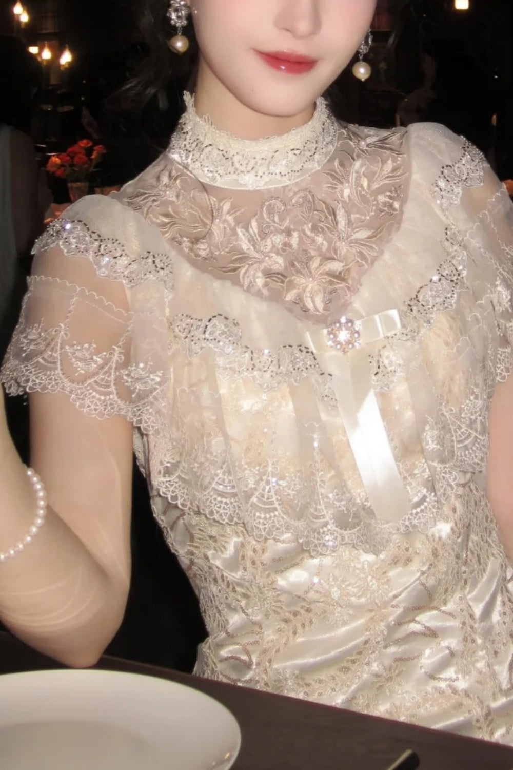 girlhomeshops-Birthday dress Lace Embroidery High-neck Gown, Retro Elegance Shows Feminine Softness gh5898