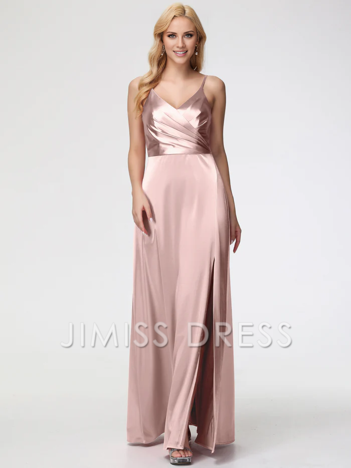 slim shoulder strap A-line V-neck pleated satin Prom dress