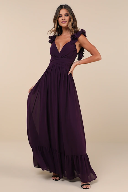 V collar off shoulder sleeveless backless back strap and floor length evening dress