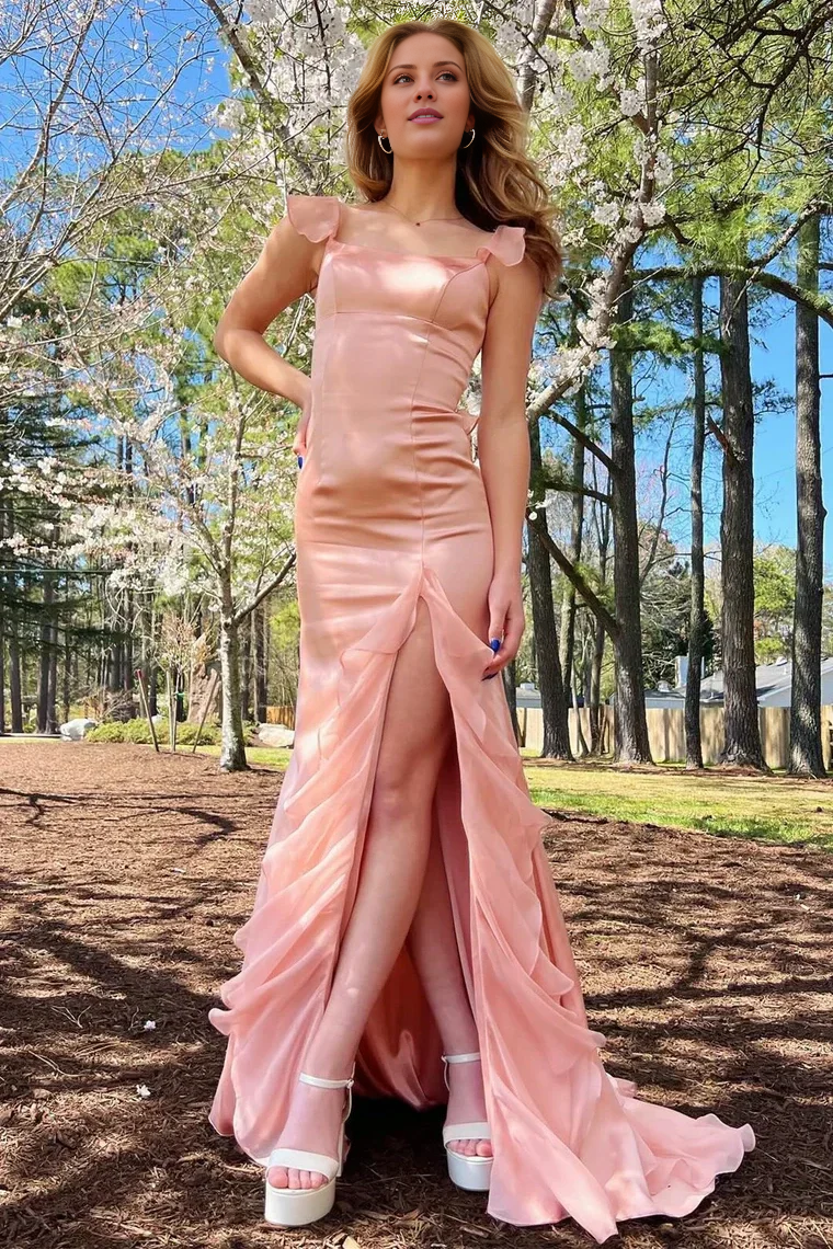 Charming Mermaid Square Neck Green Long Ruffle Prom Dress