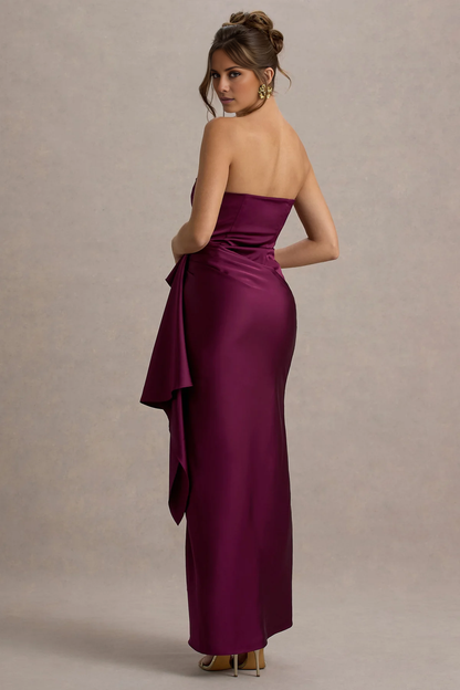 Off shoulder collar satin strapless and floor length evening dress - dress