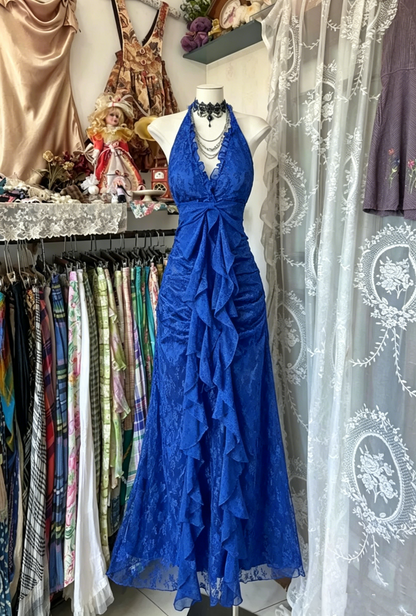 Charming Halter Deep V-Neck Ruffled Lace Ruched Evening Dress TP2013