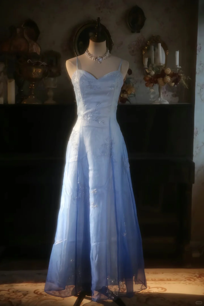 Vintage Light Blue Spaghetti Strap Sequin Evening Gown TP5529