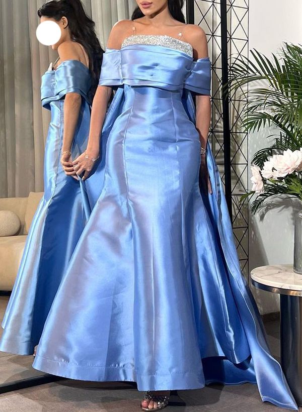 Elegant Blue Off-the-Shoulder Mermaid Beaded Evening Gown TP5732