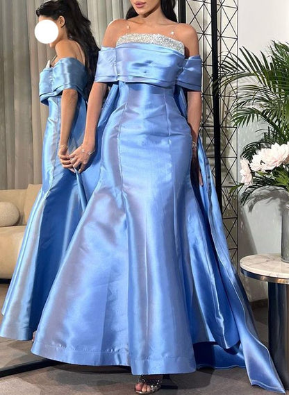 Elegant Blue Off-the-Shoulder Mermaid Beaded Evening Gown TP5732