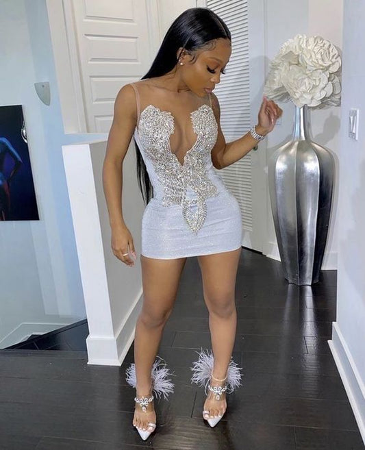 Enchanting White Shiny Beaded Bodycon Short Party Dress Cocktail Dress Homecoming Dress TP4453