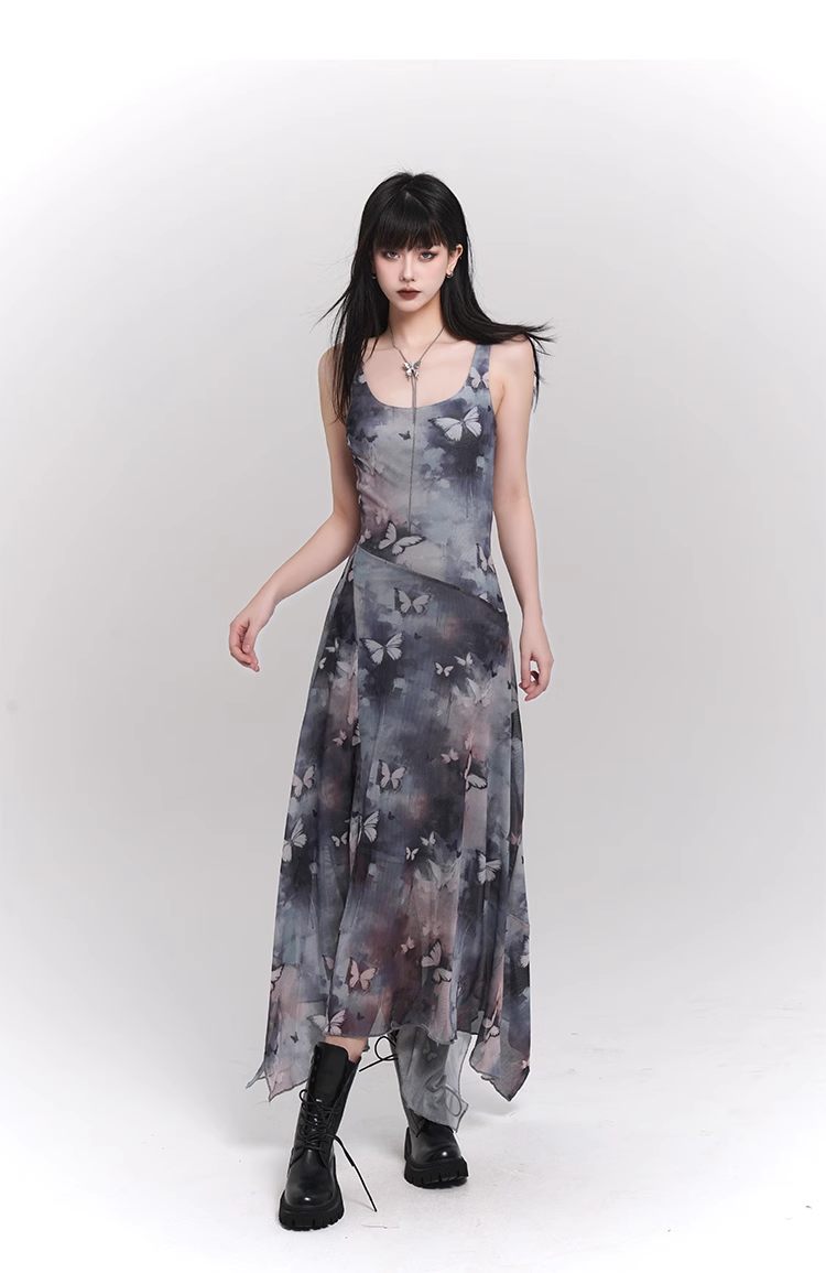 Simple Fashion Butterfly Pattern Design Sense Spaghetti Strap Dress TP2930