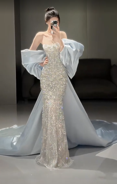 Charming Glittering Sequin Strapless Mermaid Long Prom Dress Party Dress Evening Dress TP4486