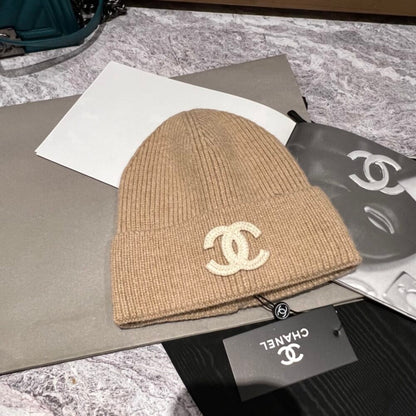 Chanel White CC Wool Beanie Beige