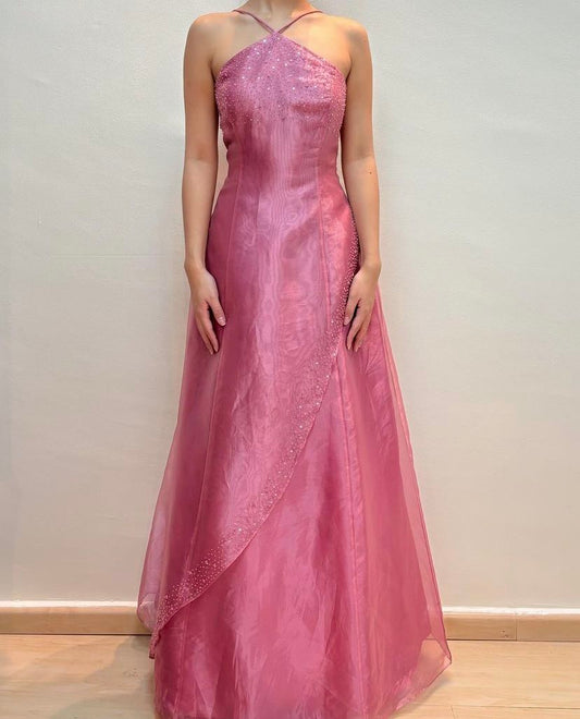 Girlhomeshops--Pink exquisite floral beaded suspenders fashionable long tulle prom dress graduation dress gh5527