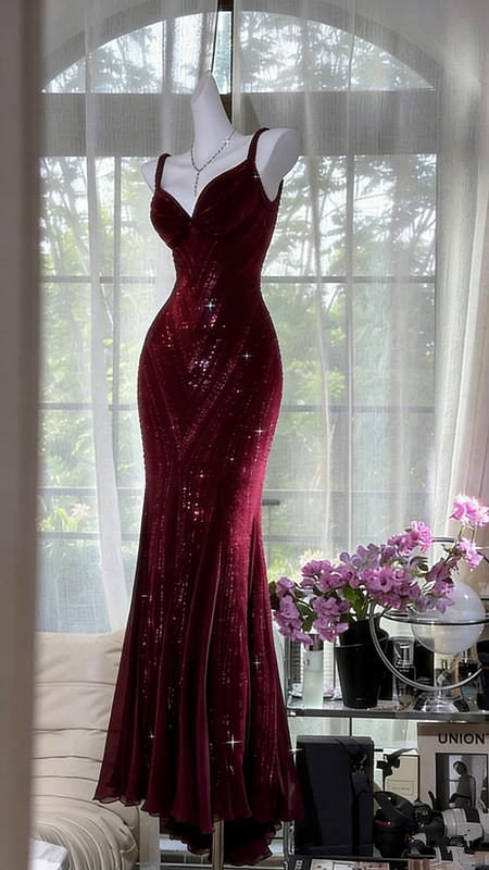 Purple sequined halter-neck fitted sexy ball gown R6526
