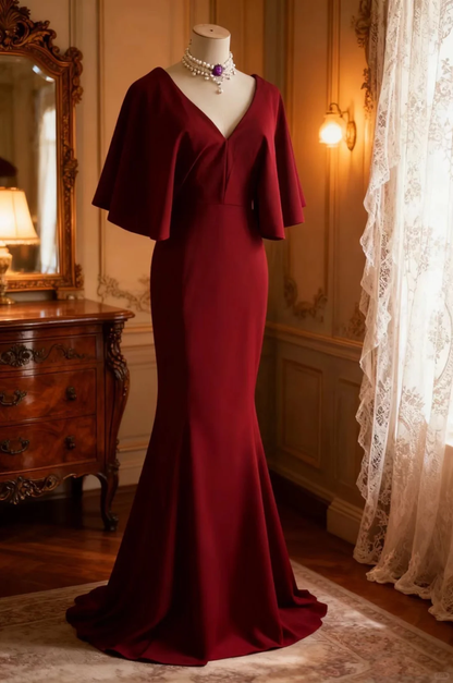 Vintage Burgundy V-Neck Mermaid Gown Cape Sleeves Prom Dress TP5649