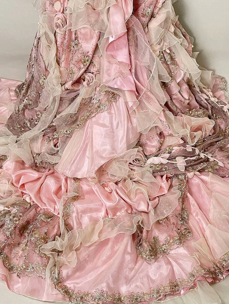 Glamorous Pink 3D Floral Strapless Beaded Sweetheart Ruffled Tulle Sweet 15 Quinceanera Ball Gown TP5491