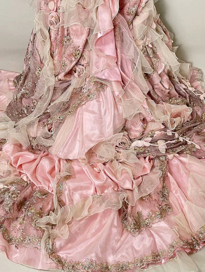 Glamorous Pink 3D Floral Strapless Beaded Sweetheart Ruffled Tulle Sweet 15 Quinceanera Ball Gown TP5491