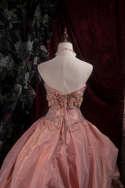 Gorgeous Pink Spaghetti Strap Beaded Floral Ball Gown TP5795