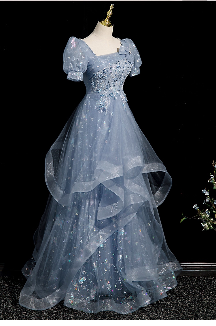 Vintage Light Blue Beaded Puff-Sleeve Ruffled Tulle A-Line Butterfly Embroidery Evening Gown TP5456