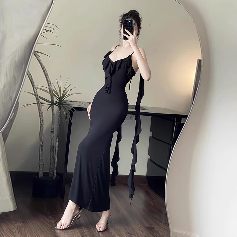 New Simple Fashion Black Brown Slim-fit Spaghetti Strap Dress TP2895