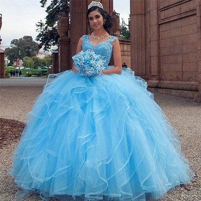 Gorgeous Blue V neck Appliques Quinceanera Dresses Layered Beadings Ball Gown