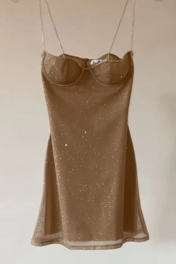 Cute Khaki Sequin Spaghetti Strap Sheath Short Party Dress Cocktail Dress Homecoming Dress TP4371