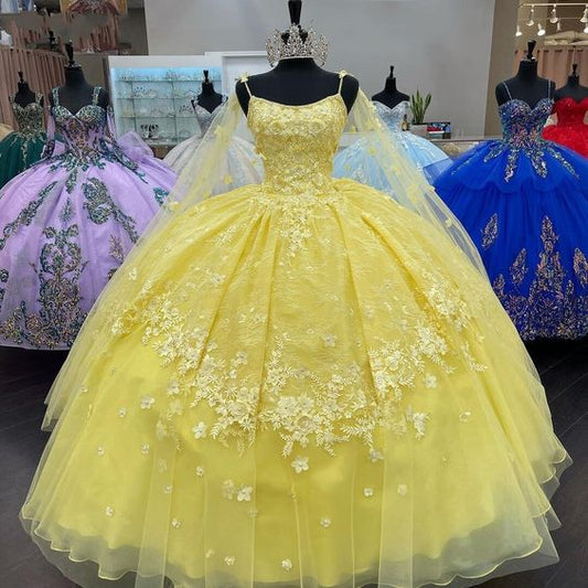 Puffy Quinceanera Dress Sweet 16 Dress With Detachable Cowl Cape Long Ball Gown Yellow Prom Gown