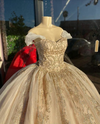 Off Shoulder Champagne Quinceañera Dress Party Ball Gown