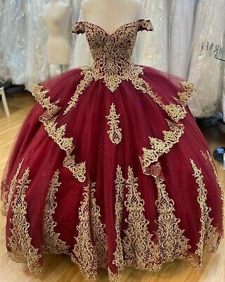 Burgundy Gold Quinceanera Dresses Glitter Tulle Ball Gown Off Shoulder Sweet 16