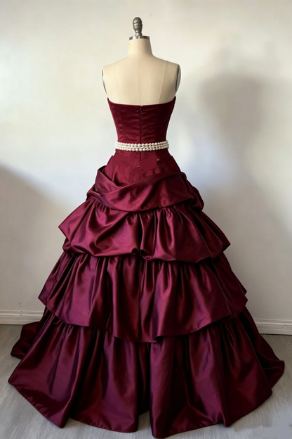 Gorgeous Burgundy Strapless Tiered Satin Pearl Belt Quinceanera Ball Gown TP5855