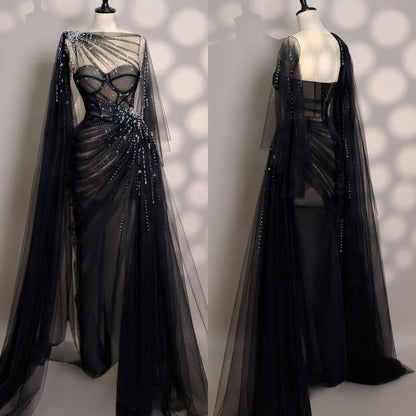 Girlhomeshops-Black/Wine Red/Light Brown Exquisite Beaded Sweetheart Collar Long Tulle Prom Dress Evening Dress Party Dress gh5386