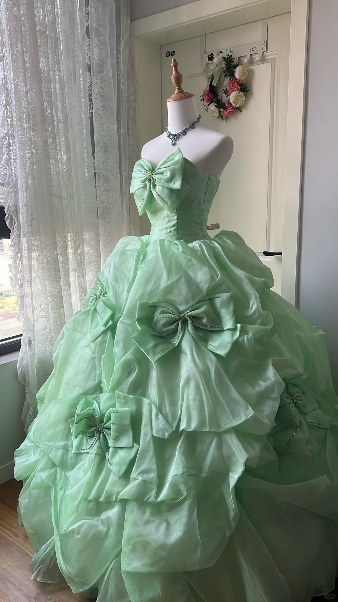 Glamorous Mint Green Strapless Beaded Bow Tiered Organza Ball Gown TP5833