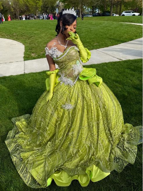 Sweetheart Ball Gown Green Long Prom Dresses Sparkly Rhinestone Tulle Green Sweet 16 Dress