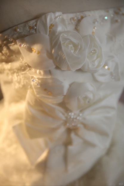 Vintage Strapless Tiered Ruffled Oversized Bow Sequin Wedding Dress TP5514