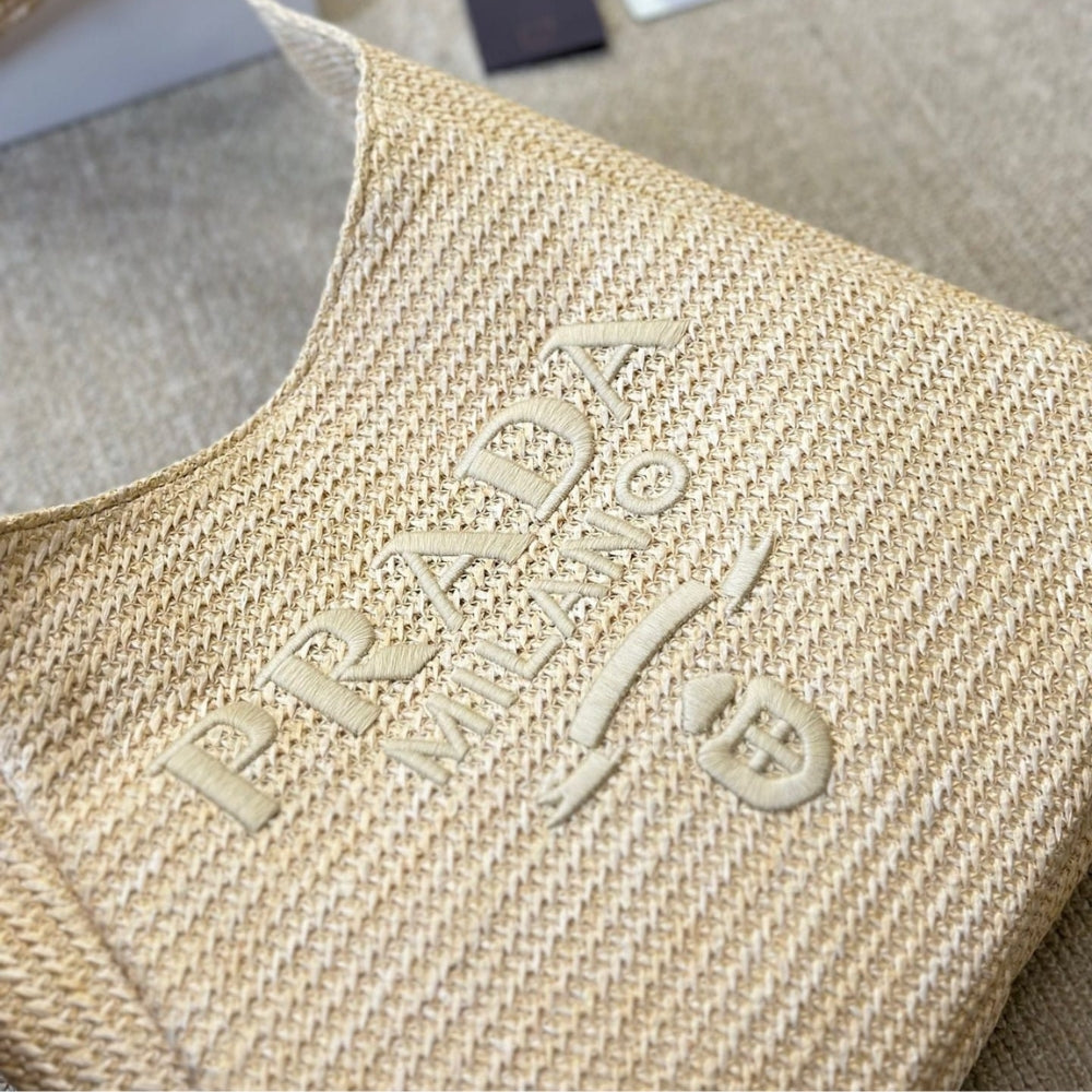 Prada Logo Embossed Raffia Shoulder Bag Beige 33Cm 1BC186VOUO2A2T