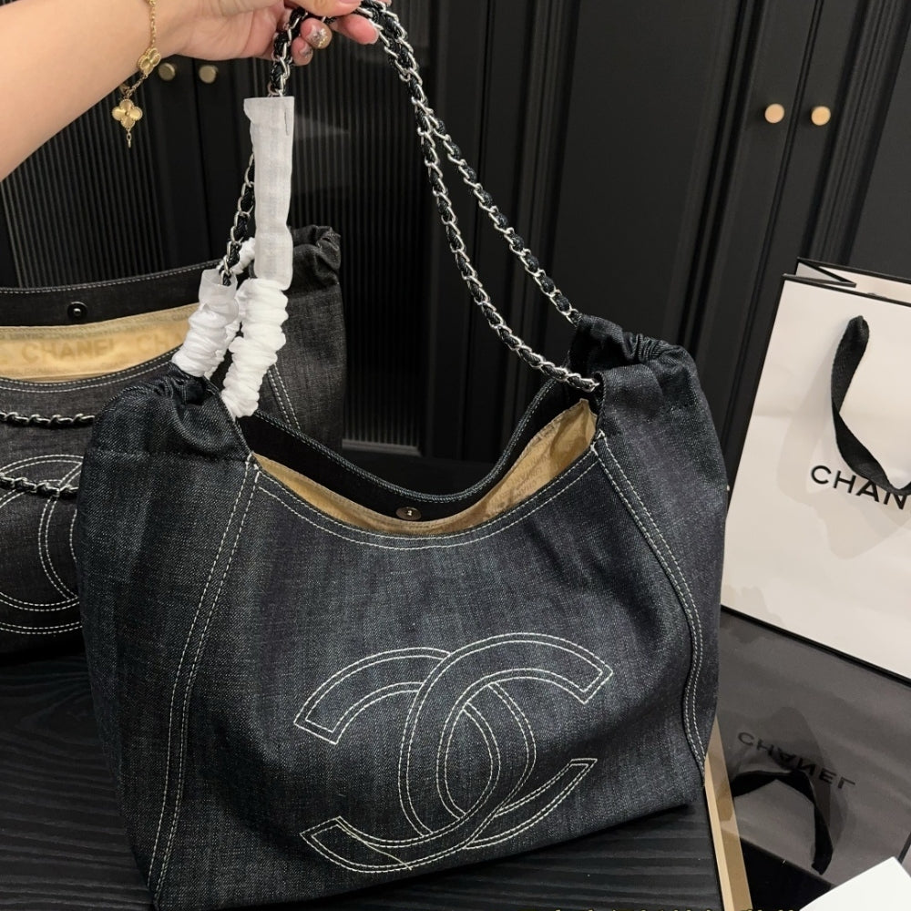 Chanel Large Tote Bag Black Denim Chain Strap 36Cm