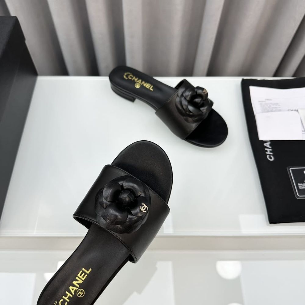 Chanel Black Camellia Slide Flat Sandals