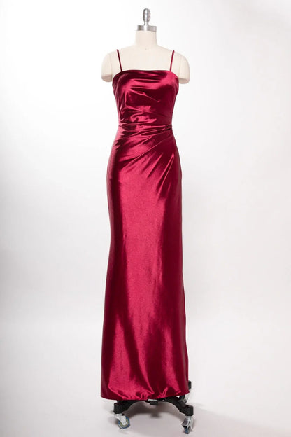 Fitted slit skirt rectangular collar satin dress