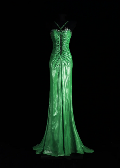 Green Spaghetti Strap Ruched Cinched Waist Sexy Floor Length Prom Dress, Evening Formal Gown gh7187