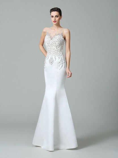 Trumpet/Mermaid Sheer Neck Applique Sleeveless Long Satin Dresses
