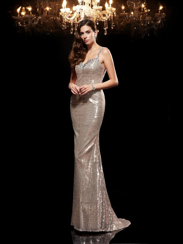 Sheath/Column Straps Beading Sleeveless Long Sequins Dresses