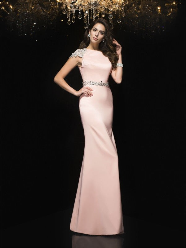 Sheath/Column Jewel Beading Short Sleeves Long Satin Dresses