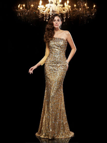 Trumpet/Mermaid One-Shoulder Beading 3/4 Sleeves Long Sequins Dresses