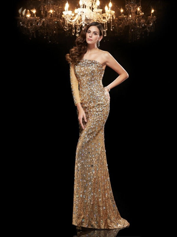Trumpet/Mermaid One-Shoulder Beading 3/4 Sleeves Long Sequins Dresses