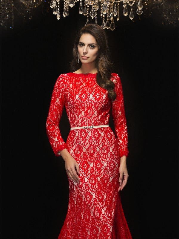 Sheath/Column Bateau Lace 3/4 Sleeves Long Lace Dresses