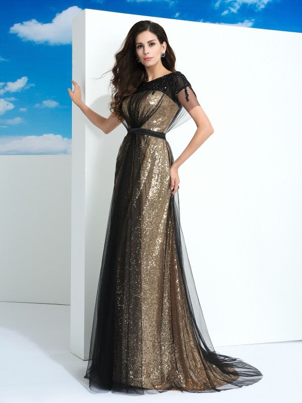 A-Line/Princess Sheer Neck Paillette Short Sleeves Long Net Dresses