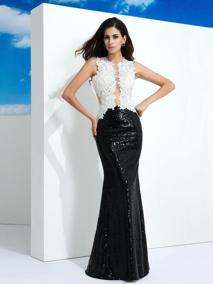 Sheath/Column Scoop Paillette Sleeveless Long Lace Dresses