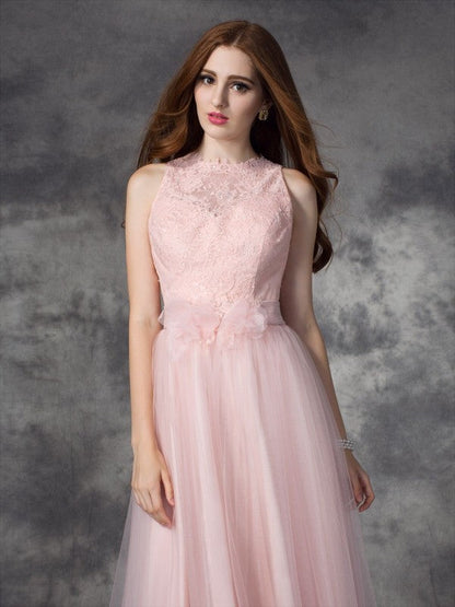 A-line/Princess Bateau Hand-Made Flower Sleeveless Long Net Dresses