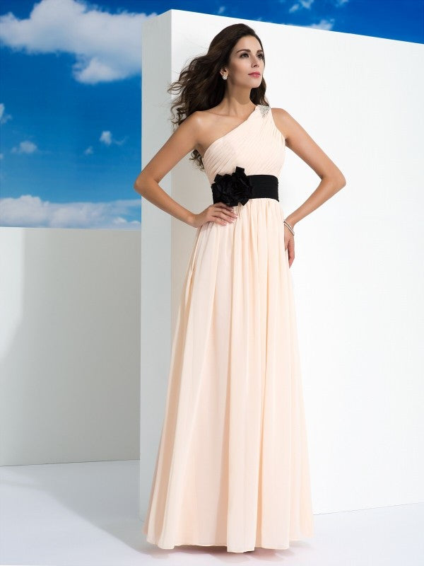 A-Line/Princess One-Shoulder Sash/Ribbon/Belt Sleeveless Long Chiffon Dresses
