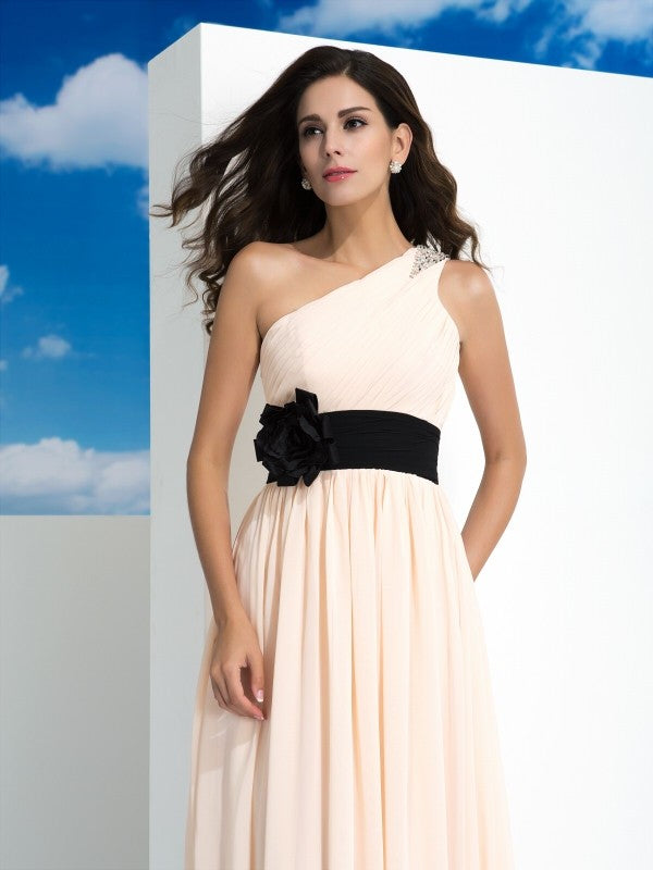 A-Line/Princess One-Shoulder Sash/Ribbon/Belt Sleeveless Long Chiffon Dresses