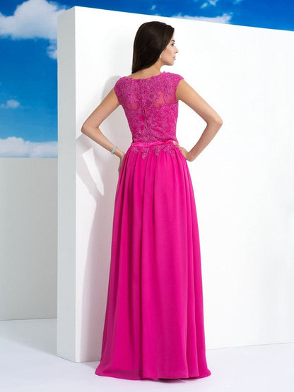 A-Line/Princess Sheer Neck Lace Sleeveless Long Chiffon Dresses